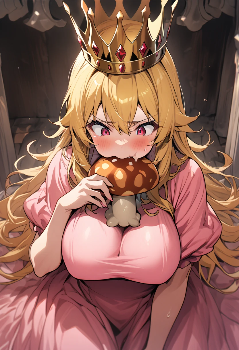 Castle Room、Best Quality、blonde、Very large breasts,(Displeased),Long Hair,((Girl in a crown and pink dress)),((Eating a mushroom in your hand))