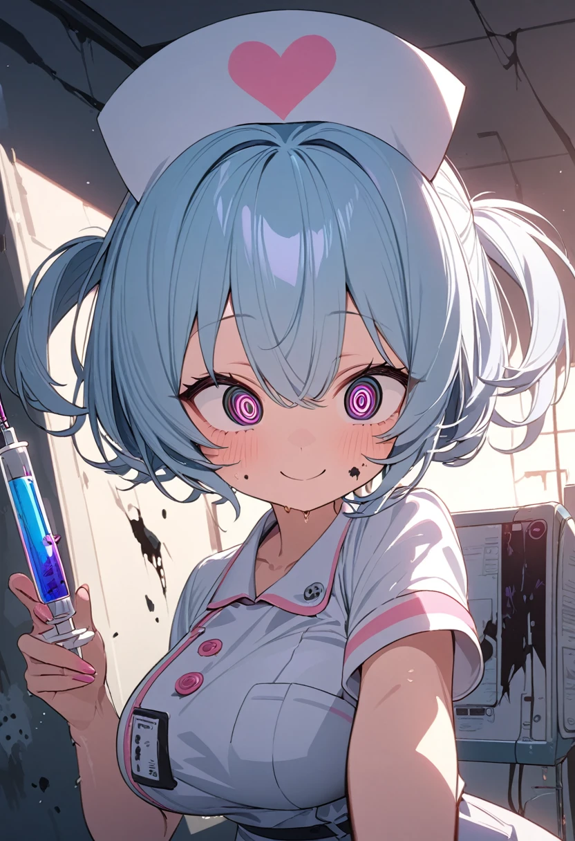 UHD, masterpiece, anatomically correct, super detail, high details, best quality, 8k,perfect beauty 1girl, oily skin, random Breast size、random hair style、random hair color,nurse uniform,nurse uniform,nurse cap, crazy eyes, mismatched pupils, smile, anime style, retina,hug a large syringe, heart,,,,,,,one small cute monster, madness cute, strange shape, her lovingly embraces monster,,,,,,(desolate laboratory, terrifying, full of madness,Broken syringes, lab equipment and rotten liquid on the wall)