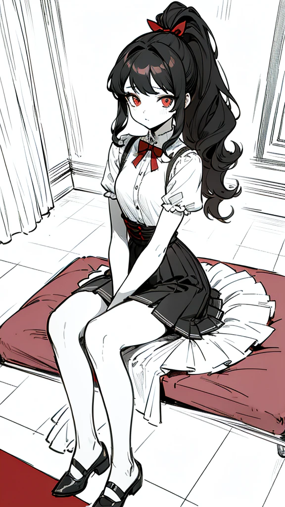 using pantimedies, wavy black hair, piercing look with deep red eyes, average stature, Silky hair with a ponytail hairstyle collected with a red bow with two white lines, with clothes, has a vagina, has breasts, cup of breasts, small breasts, slim, foreground, Session, sitting in her room, sitting on the floor of her room, wearing pantyhose, using pantimedies, Picardias, short skirt, shoes, blouse with straps