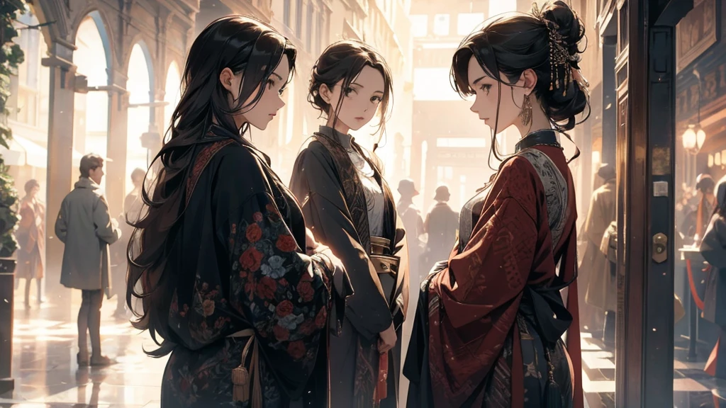 beautiful Japanese woman, intricate earring, halo, dark hair, very long dress, ruffles and flounces, red and black palette, Romanesque architectural backgrounds, dance poses, portraits, passion, elegance, emotional, epic composition, dark tribal fantasy, dramatic shadows.
