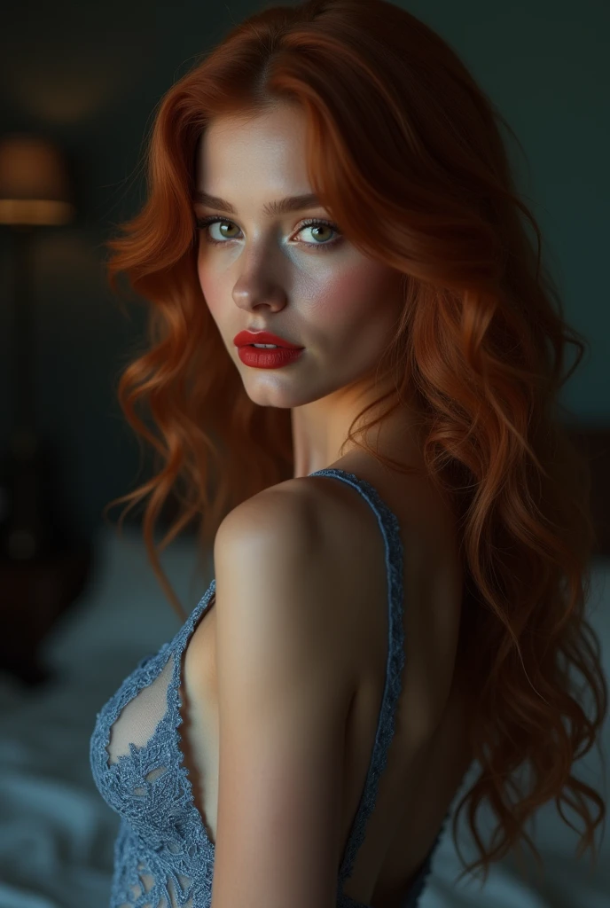 auburn hair girl with long straight brown hair, eyes with , without a cap lying on her back on a bed looking at the camera similar to Ariana Grenblaat. Red lighting in the room,skin texture,full body,from distance photoshoot,large breasts.
