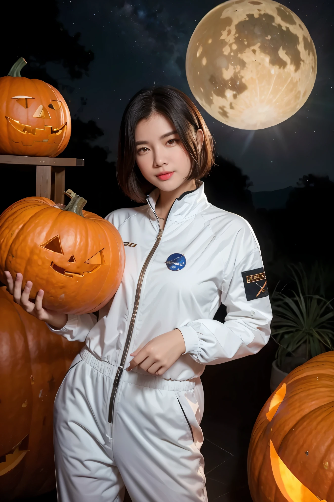 top-quality、​masterpiece、超A high resolution、(realisitic:1.4)、Beautuful Women１、Beautiful detail eyes and skin、ssmile、Light brown short-cut hair、The perfect spacesuit、spaceships、cosmic space、Halloween、pumpkins、Full Moon and Jupiter、