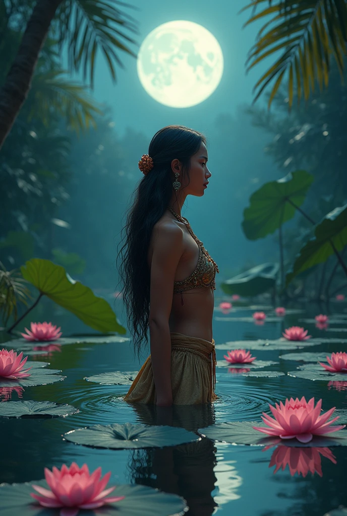 Krishna is floating a flute and thinking about Radha, image of Radha is present in a moon, a lake is inside, night scene 
