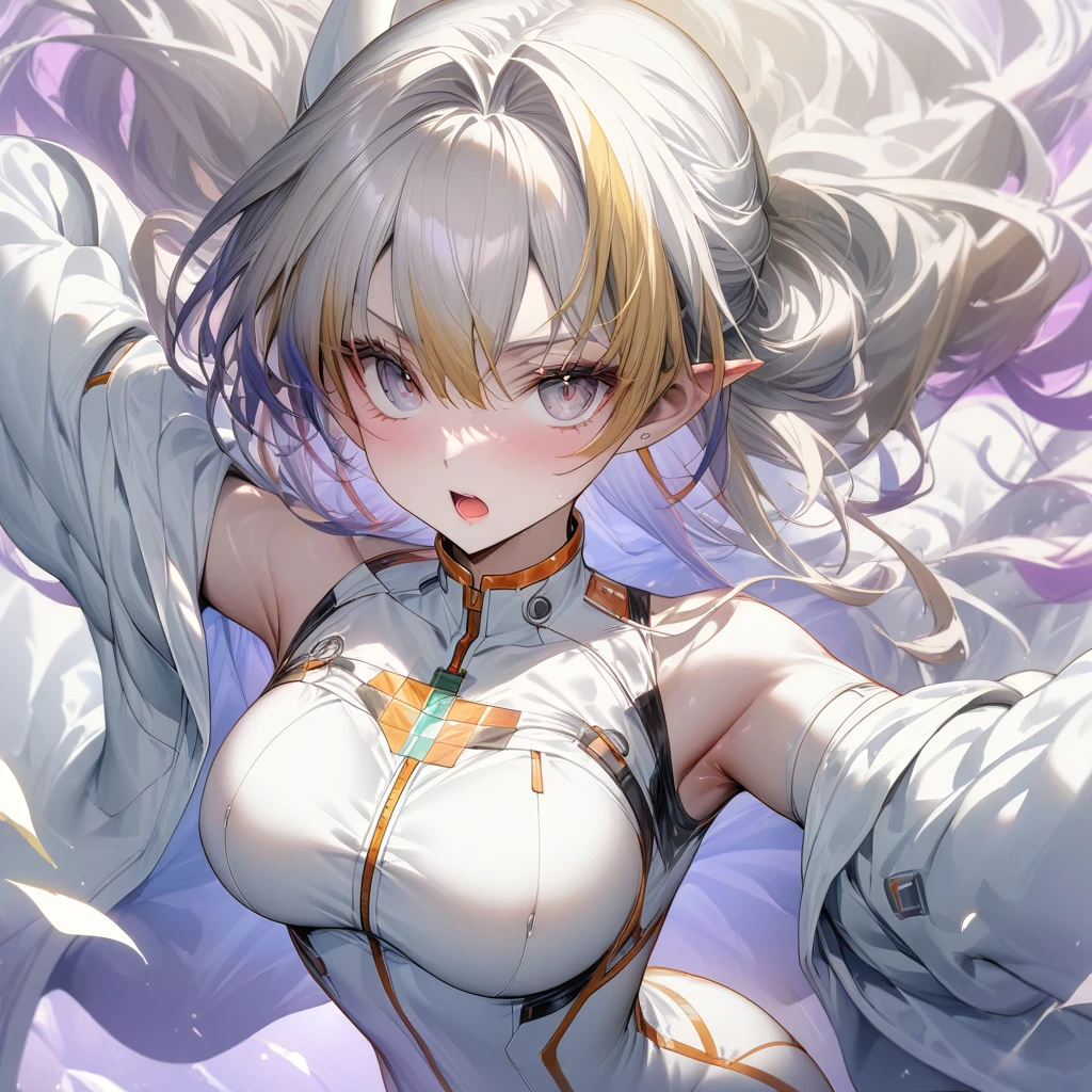 High resolution、detailed、masterpiece、Score 10、masterpiece、(Semenから作った Energie suit) Platinum Blonde Hair、Shiny Hair　Glamorous figure、Beautiful mouth、Big Breasts、Busty、Large breasts、Beautiful areola、Beautiful nipples、Slim figure