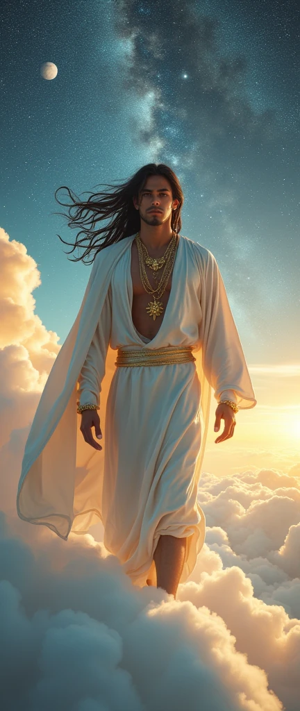 Confident masculine divine being with silk robes soft in the wind. Her hair is long and golden (of pure gold), your eyes are piercing like liquid gold.  Exudes divinity. It&#39;s in the sunlight. Handwritten draw style 
