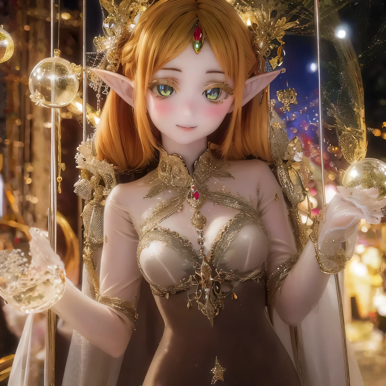 (Realistic:1.2),Beautifully detailed elves,Long flowing hair,Uncle Sui from another world,At the bar,Very beautiful eyes,Pointed Ears,Flowing Cape,Dreamy Background,Ethereal atmosphere,Soft lighting,delicate reflection,Expressive Face,Elven Jewelry,Enchanting forest scenery,Captivating color palette,Vibrant atmosphere,Mysterious Aura,Magical Essence,Elven inscriptions,Hidden Symbols,Whimsical elements,Sparkling particles,Fiery sparks,Dancing Shadows,Graceful posture,Attractive gaze,Charming smile,Sublime Beauty,Extraordinary charisma,Otherworldly Beings(((((((Gorgeous see-through dresses)))))))Only Blonde
