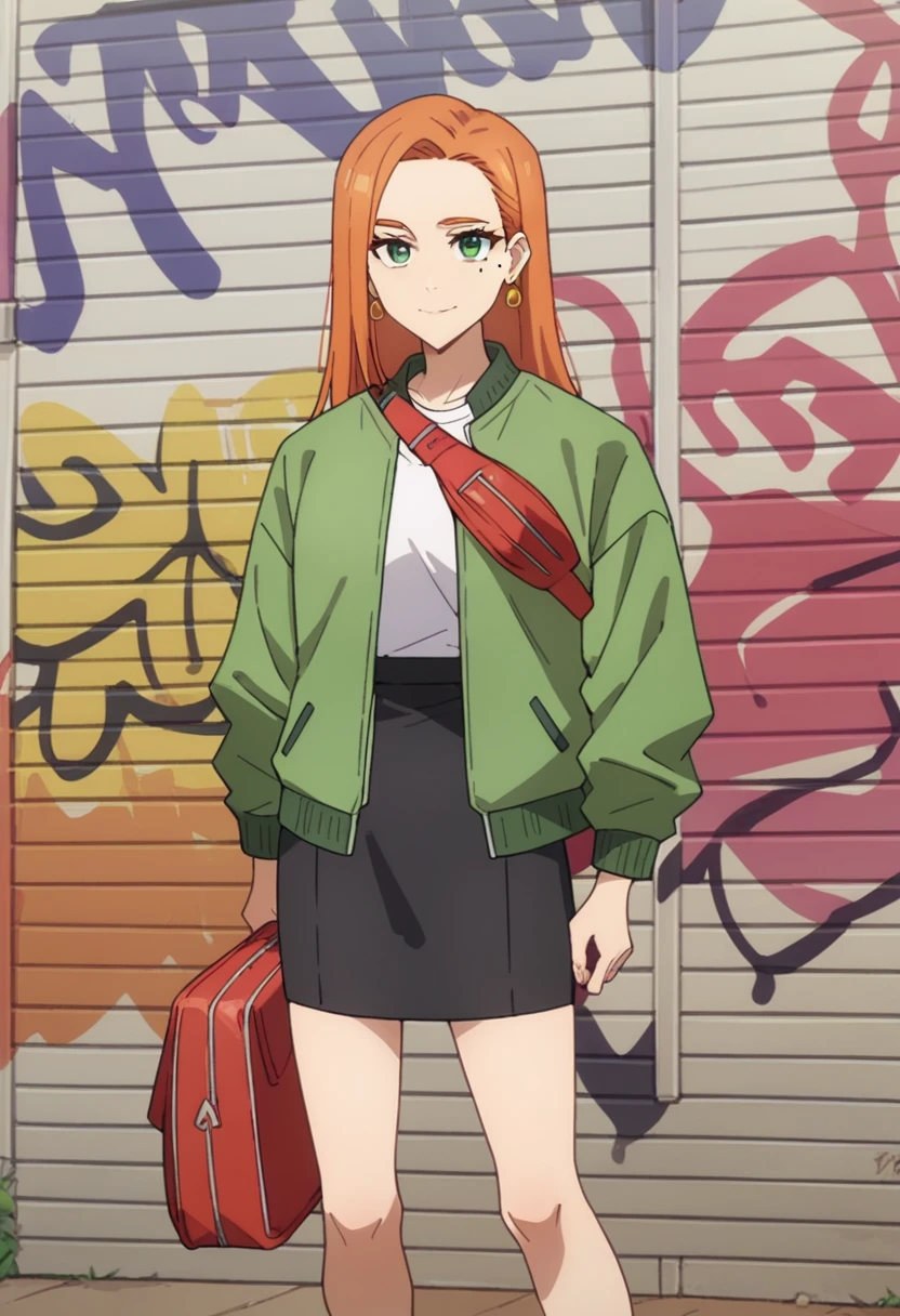 score_9, score_8_up, score_7_up, source_anime,
TachibanaKotoha,
1girl, closed mouth, light smile,
Orange hair, long hair, forehead, green eyes, earrings, mole under eye,
, green jacket, open jacket, white shirt, black skirt,  fanny pack, red bag,
standing, looking at viewer,
outdoors, graffiti