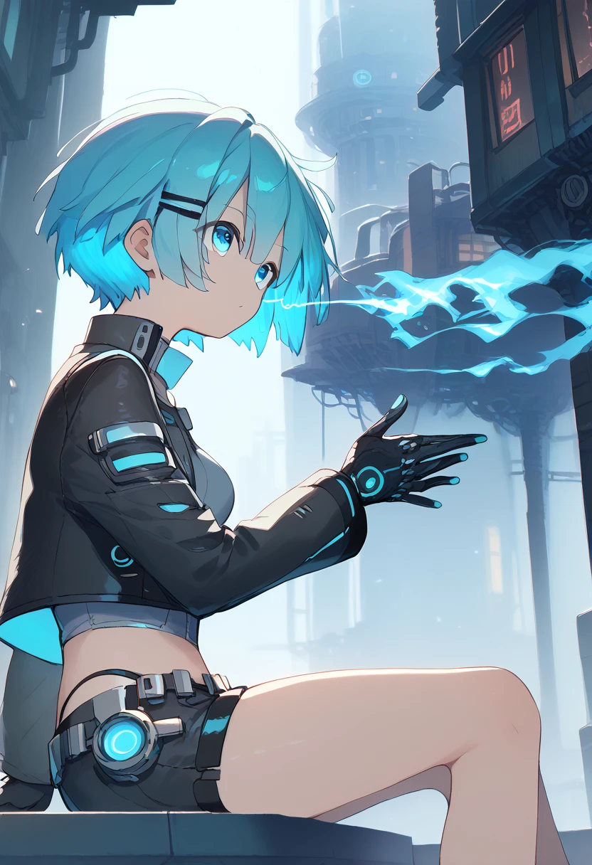 (uncensored), score_9, score_8_up, score_7_up,source_anime, high quality, exceptional, best quality, perfect hand, 1 girl, (solo), side view, detailed face, detailed eyes, ((her right eye is glowing, blue fire)), (((short hair))), (dark), ((grey crop top)), ((black g-string panties)) , (middle size breasts), ((designed black jacket)), (((short pants))), ((leather gloves, her hand have neon swords)), ((sitting on the edge of a building, night)), hatsune miku, no hair clip, thin light blue hair, blue eyes visible through hair, glowing eye, (cyberpunk), steampunk near future city, a lot of building