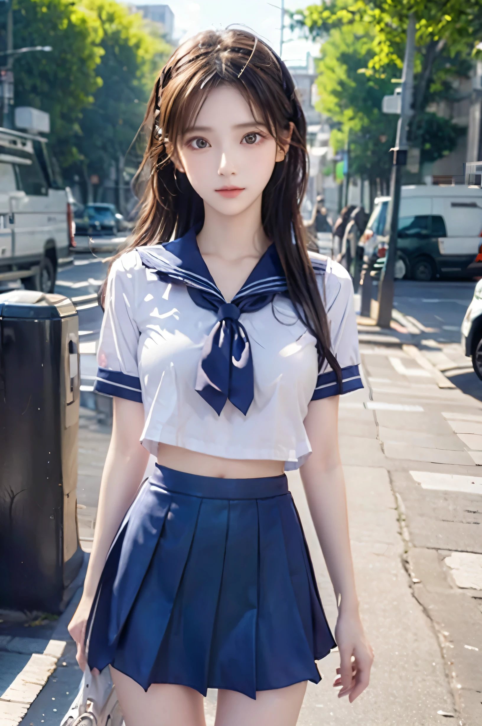 (Ultra HD), (Looking at me), (Short-sleeved sailor uniform, Navy blue mini skirt), Big Breasts, Super beautiful breasts, Slender, (Thin legs:1.2), (Thin thighs:1.2), (Thin Hips:1.4), (Beautiful Skin, Shiny skin, White skin), (Super slim face, Super beautiful face, No makeup, Smile:0.6), (Light Brown, Long Hair, Layered Cut, Fluffy hair), (Big eyes:1.3, High corners of the eyes:1.6, Double eyelids), (Thin eyebrows:0.1), (Small Nose:0.6), (Thin lips:0.6), Standing, In front of the school gate