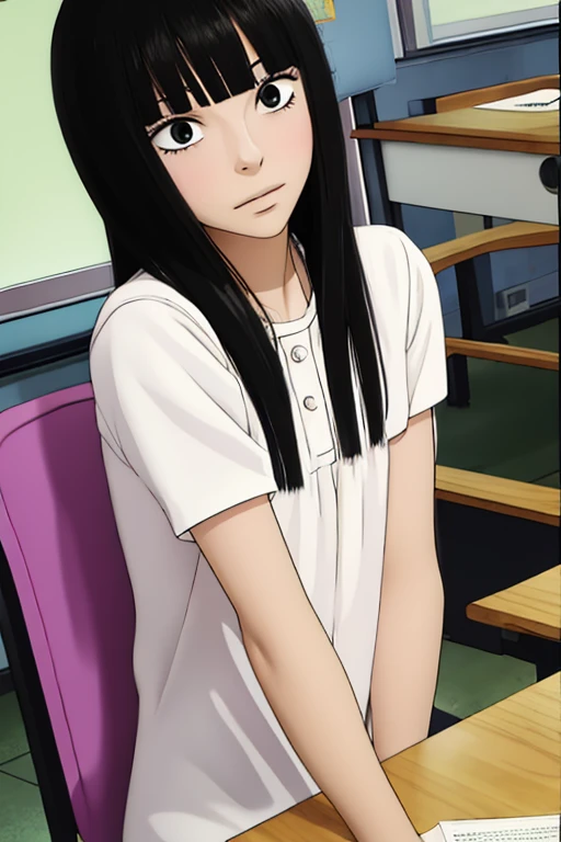 ((best quality)),((highly detailed)),masterpiece,absurdres,detailed face,beautiful face,((detailed eyes, deep eyes)),((dynamic pose)), sawako, 1femboy , otokonoko, transgender, femboy, black hair, solo, long hair, bangs, black eyes, blunt bangs, blush, looking at viewer, open mouth, shirt, hime cut, upper body, indoors, chair, classroom, desk, parted lips, cartoon,