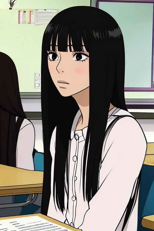 ((best quality)),((highly detailed)),masterpiece,absurdres,detailed face,beautiful face,((detailed eyes, deep eyes)),((dynamic pose)), sawako, 1femboy , otokonoko, transgender, femboy, black hair, solo, long hair, bangs, black eyes, blunt bangs, blush, looking at viewer, open mouth, shirt, hime cut, upper body, indoors, chair, classroom, desk, parted lips, cartoon,