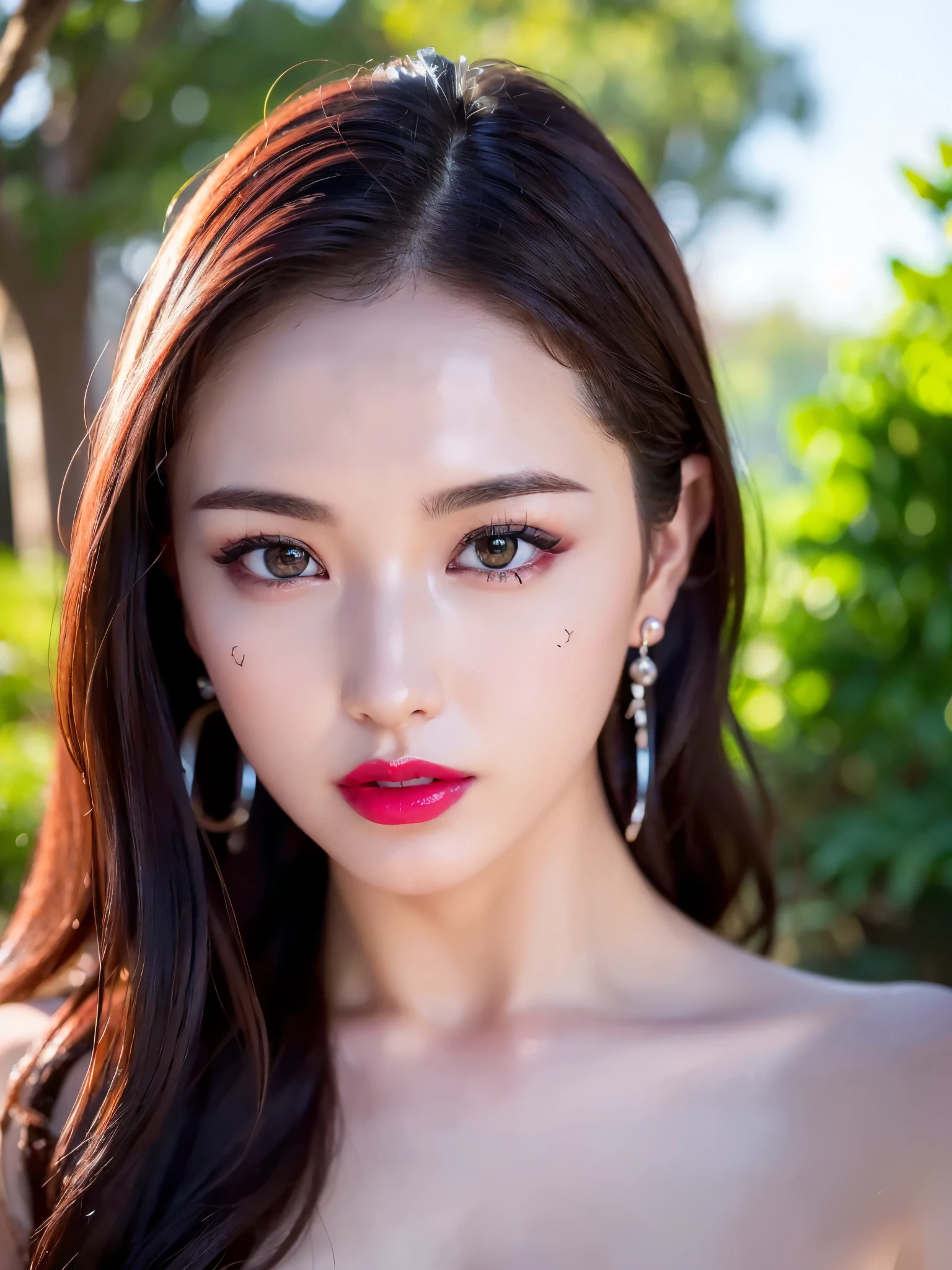 (UHigh resolution, retina, masterpiece, Accurate, Anatomically correct, Textured skin, Super Detail, Attention to detail, high quality, 最high quality, High resolution, 1080P, High resolution, 4K, 8k, 16k), (美しいAttention to detail目, Beautiful lip detail, Highly detailed eyes and face), Soft lighting, Physically Based Rendering, Vibrant colors,(((最high quality、masterpiece, 高精細CG8kイラスト, Highly detailed lights and shadows, Highly detailed face and eyes,masterpiece, 最high quality, Alone, One girl, Glowing Skin, Earrings, Splendid, Whimsical details, Bright red lips, Fascinating, Bare shoulders,Shallow depth of field, Contrasting, Professional Model, frontを向く、front, Portraiture , Left detailed pupil,Right symmetrical pupil,Wavy Hair))), (Glowing Skin), (Wide-angle),(Alone),  (Urzan-6500:0.33)、Outdoor、(((Full Body Shot,Glossy legs)))