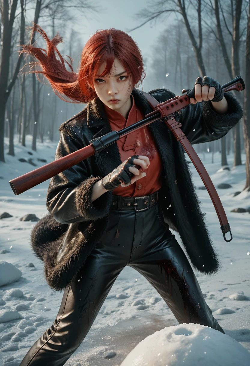 Female hunter holds rifle in snowball fight pose,Oriental,blade and soul,ink style,long red hair,leather and fur coat,cold,artwork,3d,4K,detailed,realistic