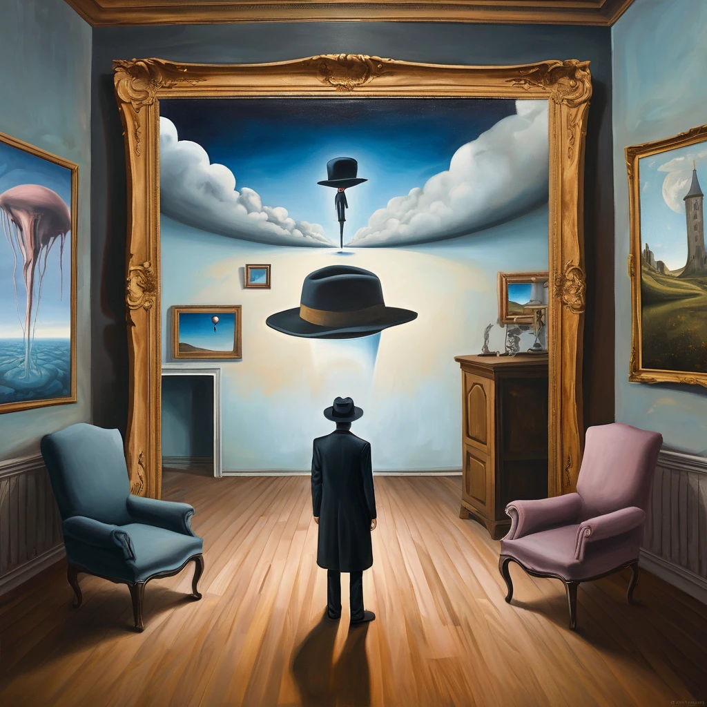 Surreal oil painting, Man in Hat, with his back to the viewer, he enters the huge painting standing in front of him, on which the picture, which depicts an upside-down world without gravity. Background - empty room with chair. Surrealism, aesthetic art of surrealism, surrealism in aesthetic form, emotional surrealism, paradox, dream-like unreality, Quirkiness, bizarre contrast, intricacy.