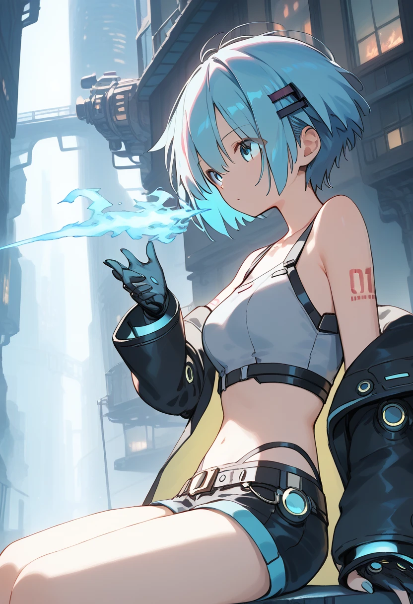 (uncensored), score_9, score_8_up, score_7_up,source_anime, high quality, exceptional, best quality, perfect hand, 1 girl, (solo), side view, detailed face, detailed eyes, ((her right eye is glowing, blue fire)), (((short hair))), (dark), ((grey crop top)), ((black g-string panties)) , (middle size breasts), ((designed black jacket)), (((short pants))), ((leather gloves, her hand have neon swords)), ((sitting on the edge of a building, night)), hatsune miku, no hair clip, thin light blue hair, blue eyes visible through hair, glowing eye, (cyberpunk), steampunk near future city, a lot of building