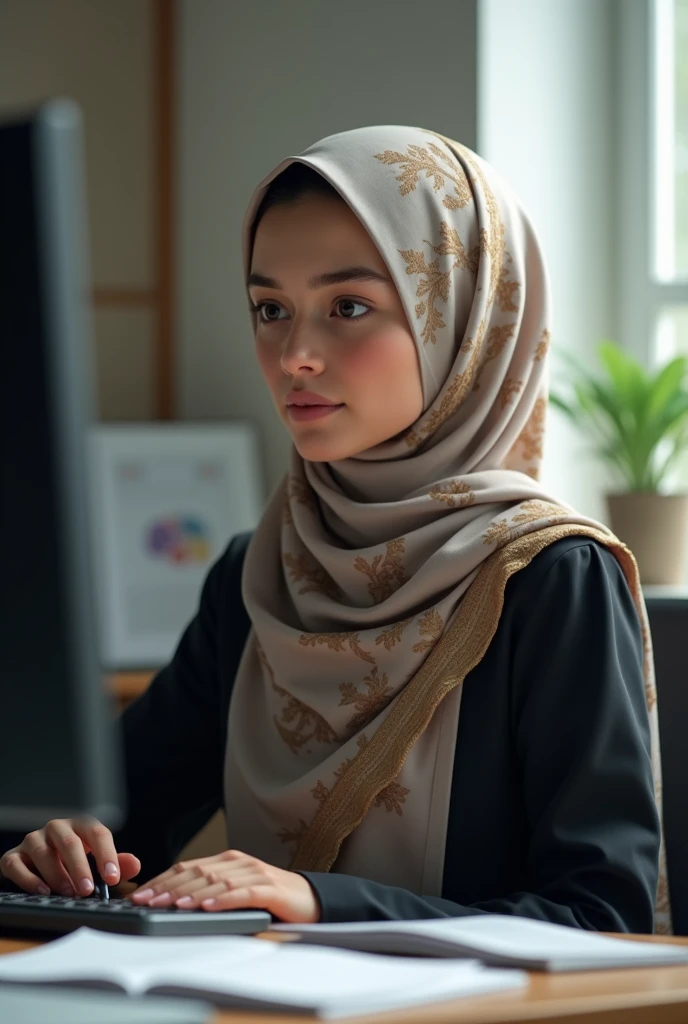 (photorealism:1.2), beautiful woman, sitting on chair hijab girl in a very cute and use laptop and real girl pic an business girl  face hide hijab girl and mention name mannat real woman face cute girl  office siting