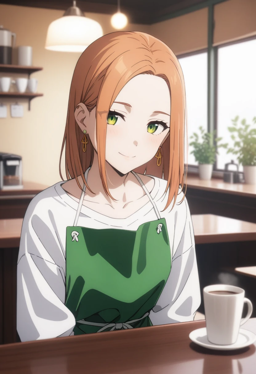 (masterpiece, best quality, very aesthetic, ultra detailed), intricate details,
1girl, kotohadef, long orange hair, green eyes, earrings, jewelry, collarbone, white shirt, green apron, smile, cafe, cup, looking at viewer,