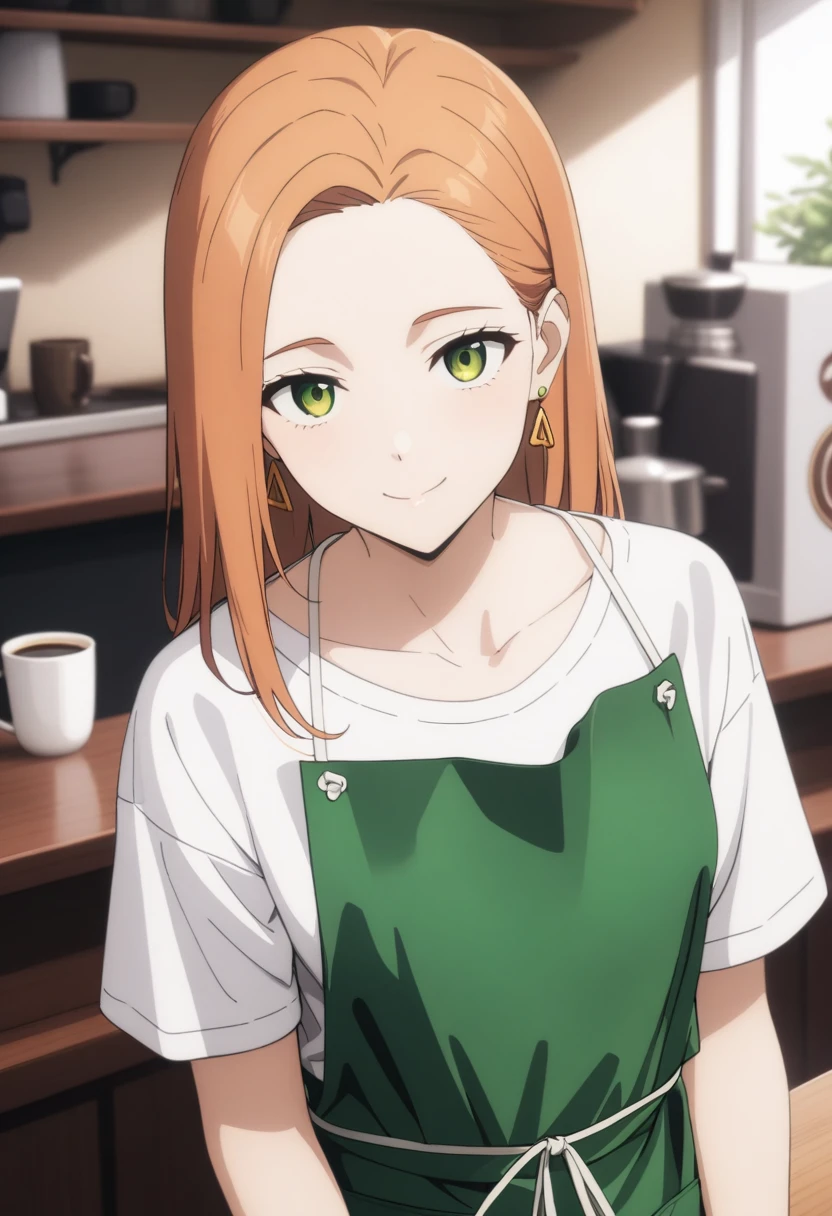 (masterpiece, best quality, very aesthetic, ultra detailed), intricate details,
1girl, kotohadef, long orange hair, green eyes, earrings, jewelry, collarbone, white shirt, green apron, smile, cafe, cup, looking at viewer,