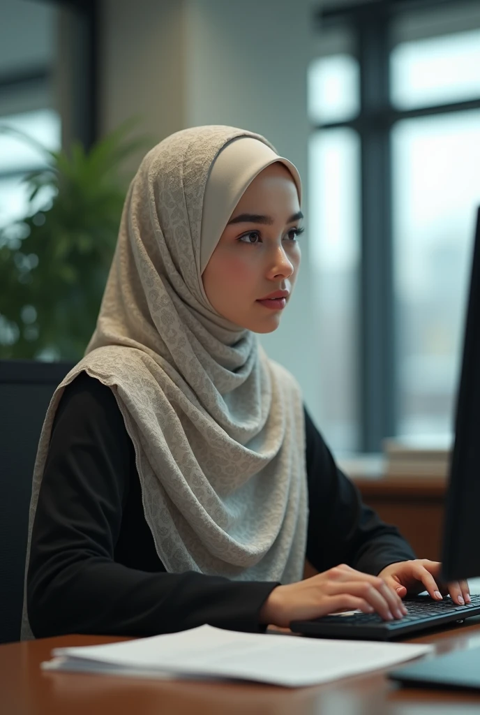 An Islamic women sitting in gaming chair wearing islamic dress and face is front side eye contact with front Audience in front table leptop and Mobile and "miraib Styles" stand Yellow neown lighting room background in gray wall writing "Miraib Styles" White colour Yellow neown glow