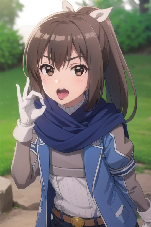 bofurisally, sally, long hair, brown hair, (brown eyes:1.5), ribbon, hair ribbon, ponytail, smile,
BREAK gloves, shorts, scarf, blue scarf, shirt, white shirt, puffy sleeves, long sleeves, belt, denim shorts,
BREAK outdoors, nature, forest, sun, sky, clouds, trees, grass,
BREAK looking at viewer, (embarrassed:1.3), (seductive smile:1.2), blush, fellatio gesture, open mouth, stick out tongue,
BREAK (masterpiece:1.2), best quality, high resolution, unity 8k wallpaper, (illustration:0.8), (beautiful detailed eyes:1.6), extremely detailed face, perfect lighting, extremely detailed CG, (perfect hands, perfect anatomy),