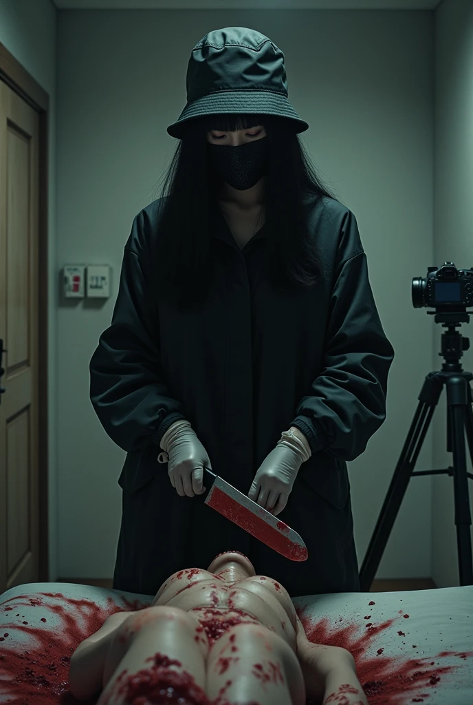 korean girl, (behind stiff, holding knife), stabbing, surgical mask, black leather gloves, bath room, black raincoat, hood up, holding knife, leather gloves, woman on top, behind cadaver, looking at viewer, blood splatter, night, mass murderer, killer, wave hair, blood splatter, tripod and camera in the back, shooting with camera