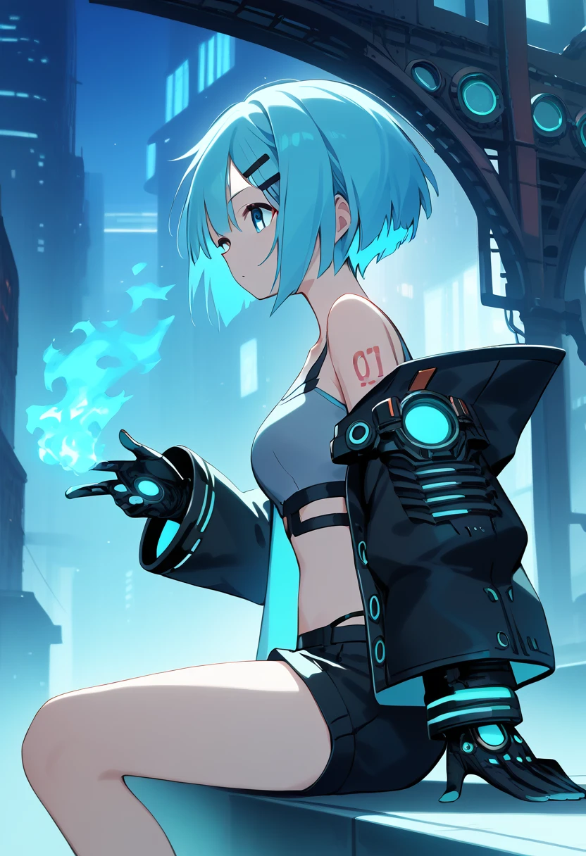 (uncensored), score_9, score_8_up, score_7_up,source_anime, high quality, exceptional, best quality, perfect hand, 1 girl, (solo), side view, detailed face, detailed eyes, ((her right eye is glowing, blue fire)), (((short hair))), (dark), ((grey crop top)), ((black g-string panties)) , (middle size breasts), ((designed black jacket)), (((short pants))), ((leather gloves, her hand have cyberpunk swords)), ((sitting on the edge of a building, night)), hatsune miku, no hair clip, thin light blue hair, blue eyes visible through hair, glowing eye, (cyberpunk), steampunk near future city, a lot of building