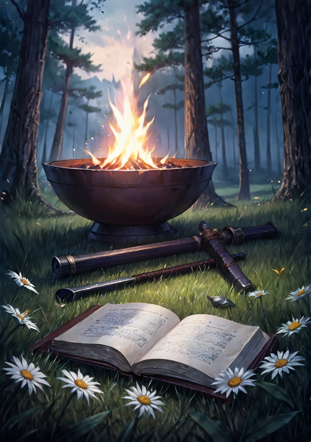 there is a book and ninja equipment on the grass near a fire pit, fantasy rpg book illustration, fantasy book illustration, rpg rulebook illustration, rpg book portrait, rpg illustration, litrpg novel cover, detailed book illustration, novel cover art for a book, relaxing concept art, realistic fantasy illustration, fantasy book cover painting, roleplaying game art, rpg background