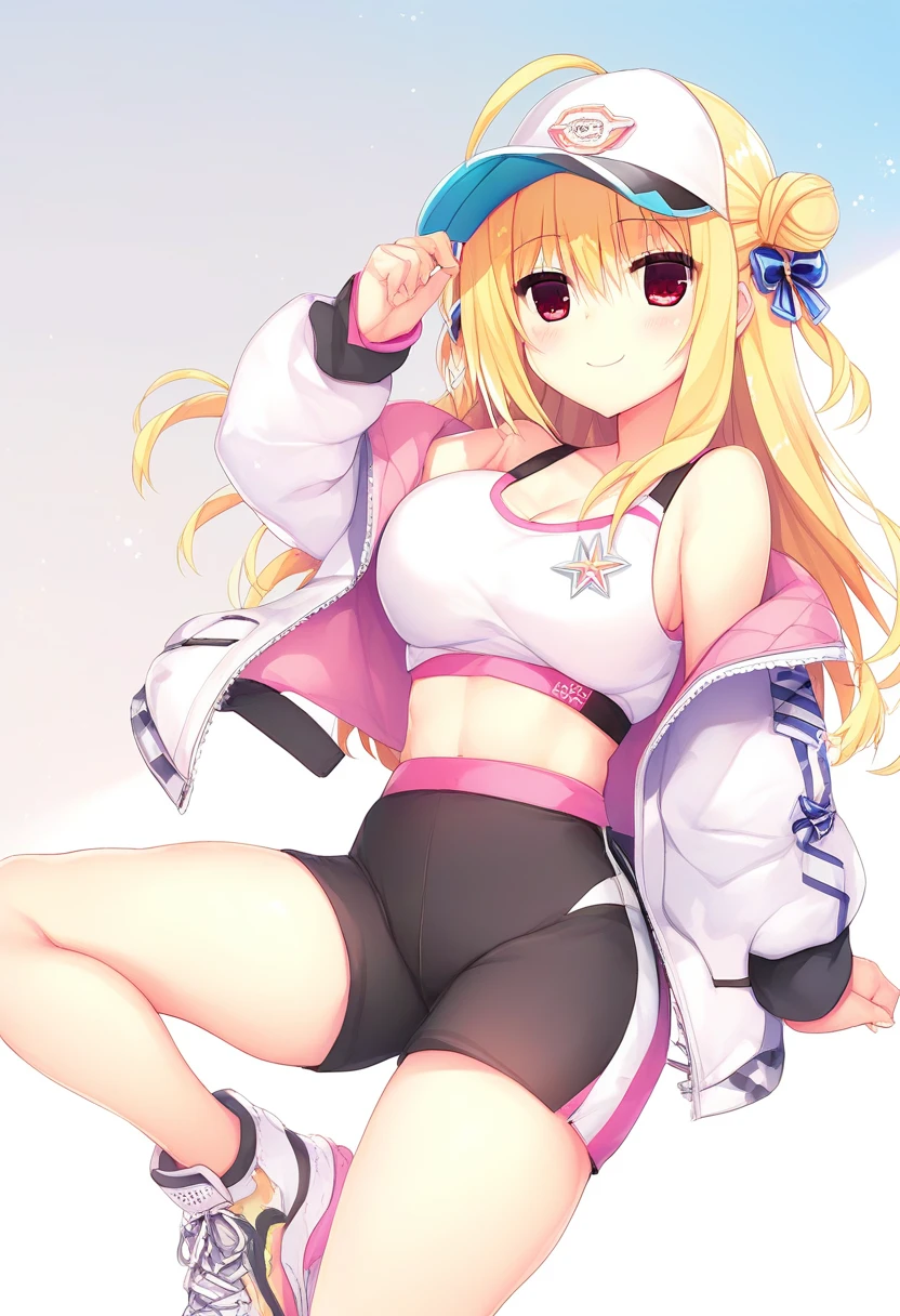 1girl,hiyori-default,hiyori-default,red eyes,blonde hair, double bun,ahoge, long hair, A white mesh tank top over a colorful sports bra, neon biker shorts, flashy fluorescent sneakers, a bright hat, and a sports brand waist bag, One person, smiling,
