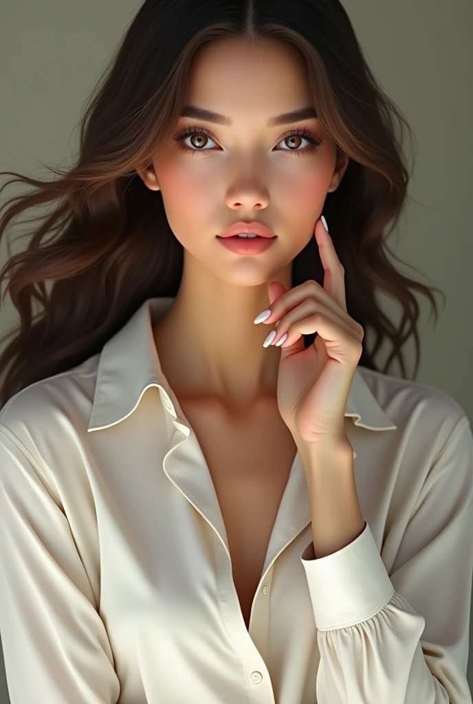 fashion model 24 years old,  , [[[[closeup]]]], [[[[chest]]]], [[[[neck]]]], [[[[shoulders]]]], perfect eyes, perfect iris, perfect lips, perfect teeth, perfect skin, soft front light, glow, HDR, (muted colors:1.2)