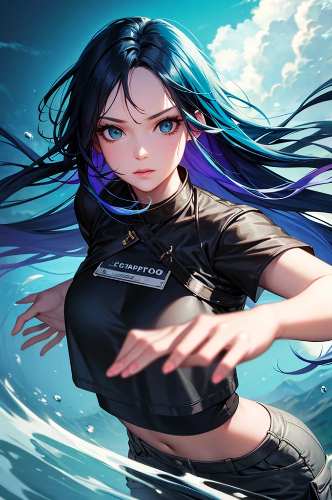 Samdoesarts Style Half Body Portrait of Beautiful Woman in Crop Top and Cargo Pants and Ombre Navy Blue Teal Hairstyle、Move your head、Fly hair, Paint splashes, Splatter, Outrun, Vaporware, shaded flat illustration, Digital Art, Trending on ArtStation, Highly detailed, Fine detail, Convoluted