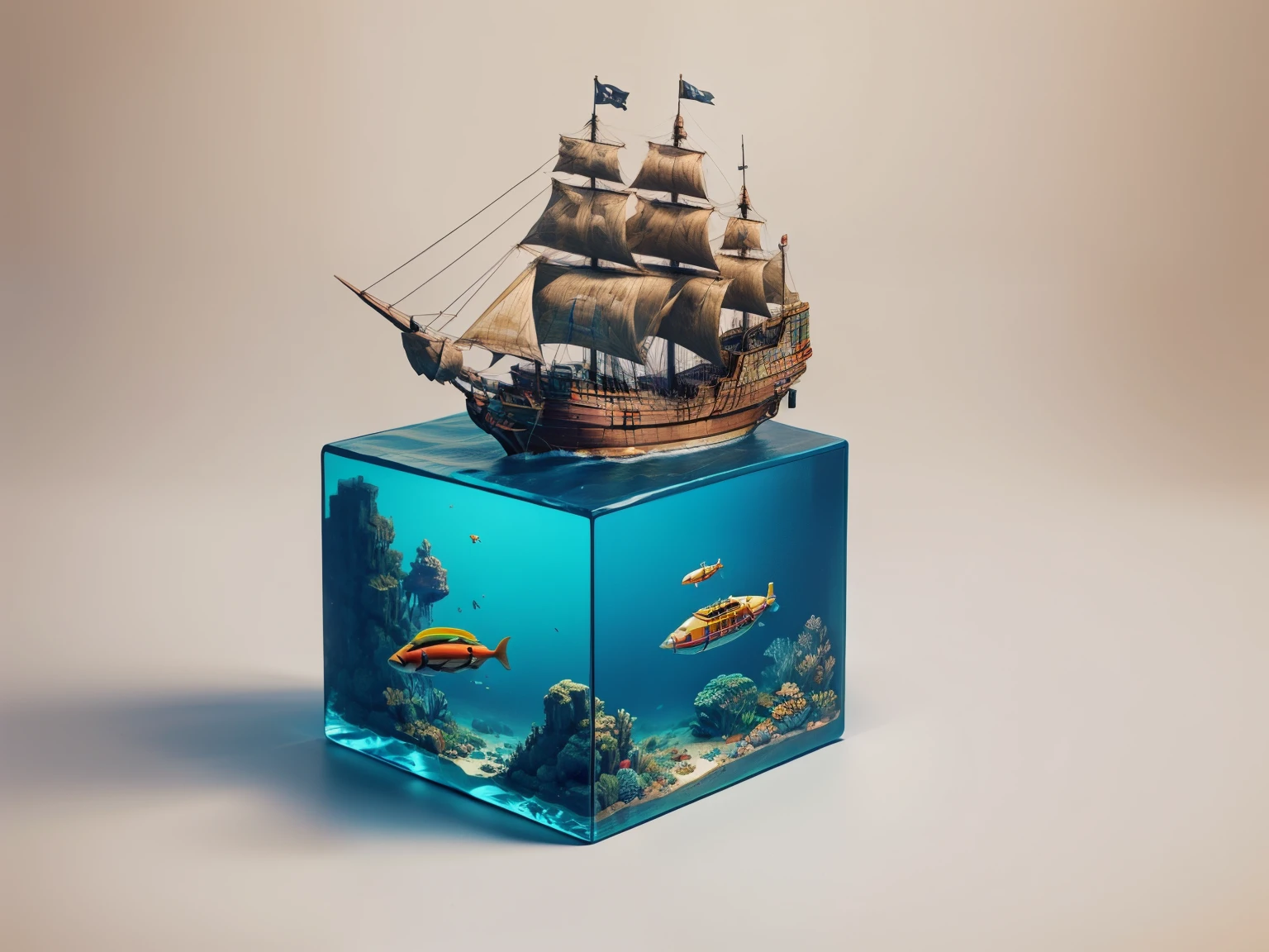 water cube, ocean、Coral Reef、Beautiful fish、treasure、1 Galleon、Smooth sailing、On the desk in the study、Classic、Vintage、Simple Background、Best Quality、High image quality、masterpiece、4K、8k、wallpaper、