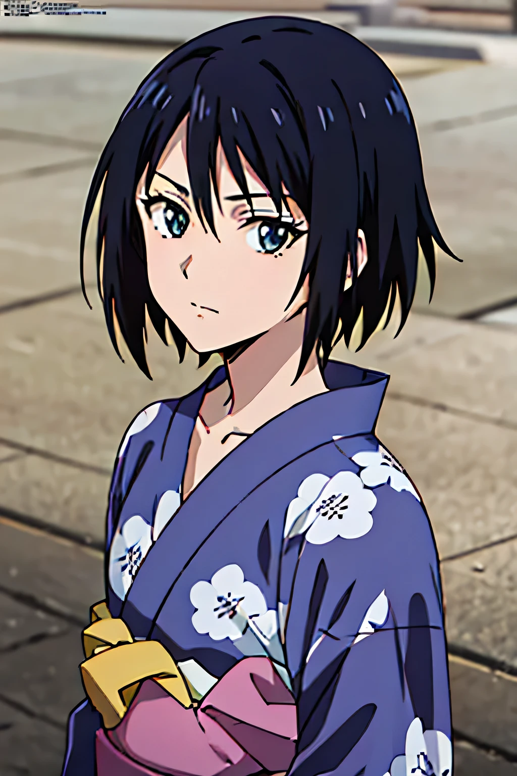 (Anime Cel Style, Best Quality, High resolution, Anime Color, Megami Magazine:1.2, sharp, 8k)、(beautiful eyes:1.5)、1boy、 cute、Black Hair、Short Hair、Clevis、(looking at viewer, Yukata:1.5)、Cowboy Shot、Yokozuwari、(Perfectly detailed anatomy, Perfect Arms, Perfect Fingers, Beautiful Face, Perfect body, Shiny skin)、