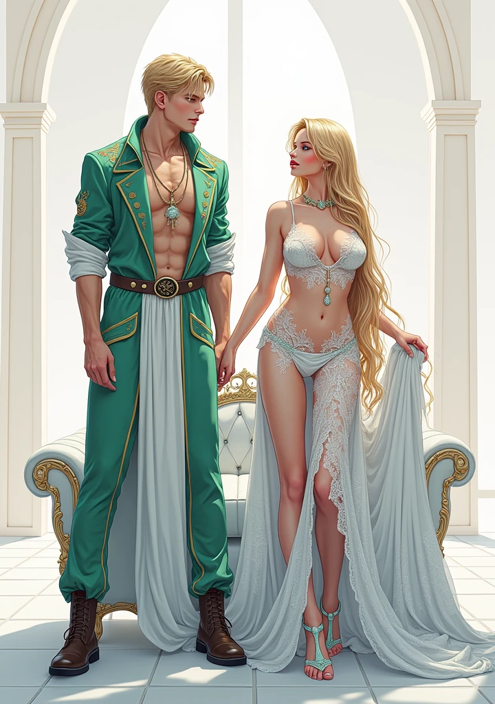 Purple couple, sexy, half naked, just a man and a woman, wearing few clothes, big breasts