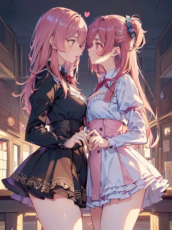 ((2girl),(yuri),(Stare deeply into each other's eyes)), (illustration), (masterpiece,best quality,high-resolution,detailed fingers,detailed hands,detailed eyes,detailed legs:1.5), (Anatomically correct number of limbs),  (long hair,short hair,pink and red hair), (big breasts),((clothed))), ((orgasm), (spoken heart)),((classroom),(Late Night))