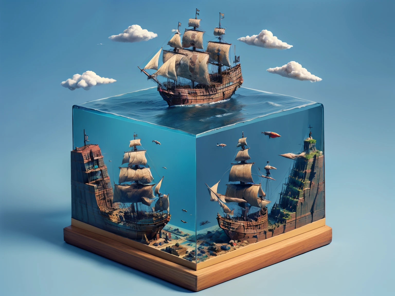 water cube, ocean、Coral Reef、Beautiful fish、treasure、1 Galleon、Smooth sailing、(On the desk in the study)、(Classic)、(Vintage)、Simple Background、Best Quality、High image quality、masterpiece、4K、8k、wallpaper、