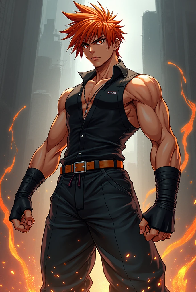 street fighter, cel shading, Show from the hips to the shoulders, front view, Personage as the main perspective, hand_on_hip, muscular, guy,man,male, young,20 years old, short hair, flipped hair, bangs, sidelocks, red hair, serious, closed_mouth, midriff, katana, armor,