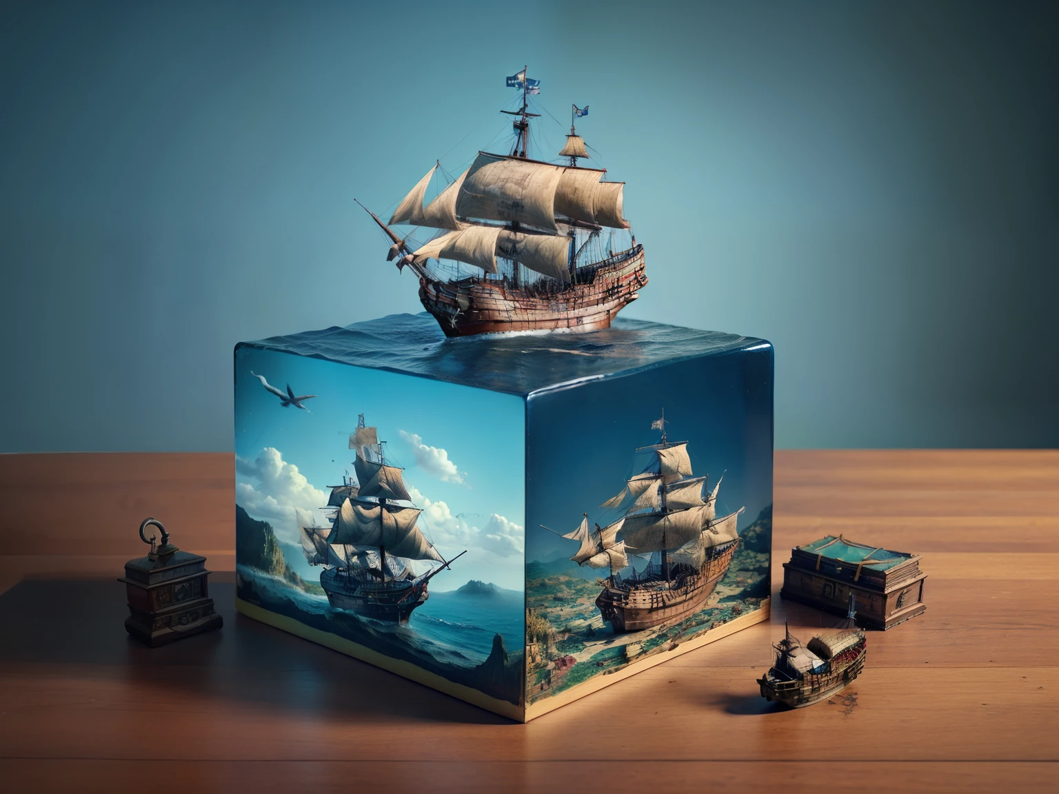 water cube, ocean、Coral Reef、Beautiful fish、treasure、1 Galleon、Smooth sailing、(On the desk in the study)、(Classic)、(Vintage)、Simple Background、Best Quality、High image quality、masterpiece、4K、8k、wallpaper、