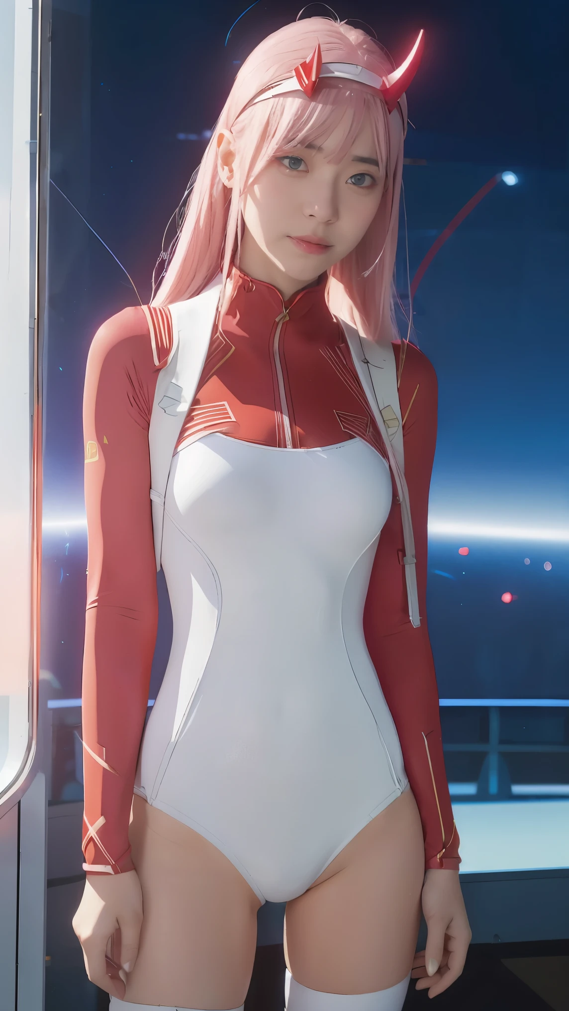 dynamic angle,ultra-detailed, illustration, straight on, 1girl, ((Zero two, interface headband with a pair of horns, red bodysuit:1.4, pink hair)), Her eyes shone like dreamy stars,(glowing eyes:1.233),(beautiful and detailed eyes:1.1),(expressionless, closed mouth),(standing), (mechanic room with tools and spaceship window in a white SPACESHIP), (night:1.2), dreamy, dynamic pose,