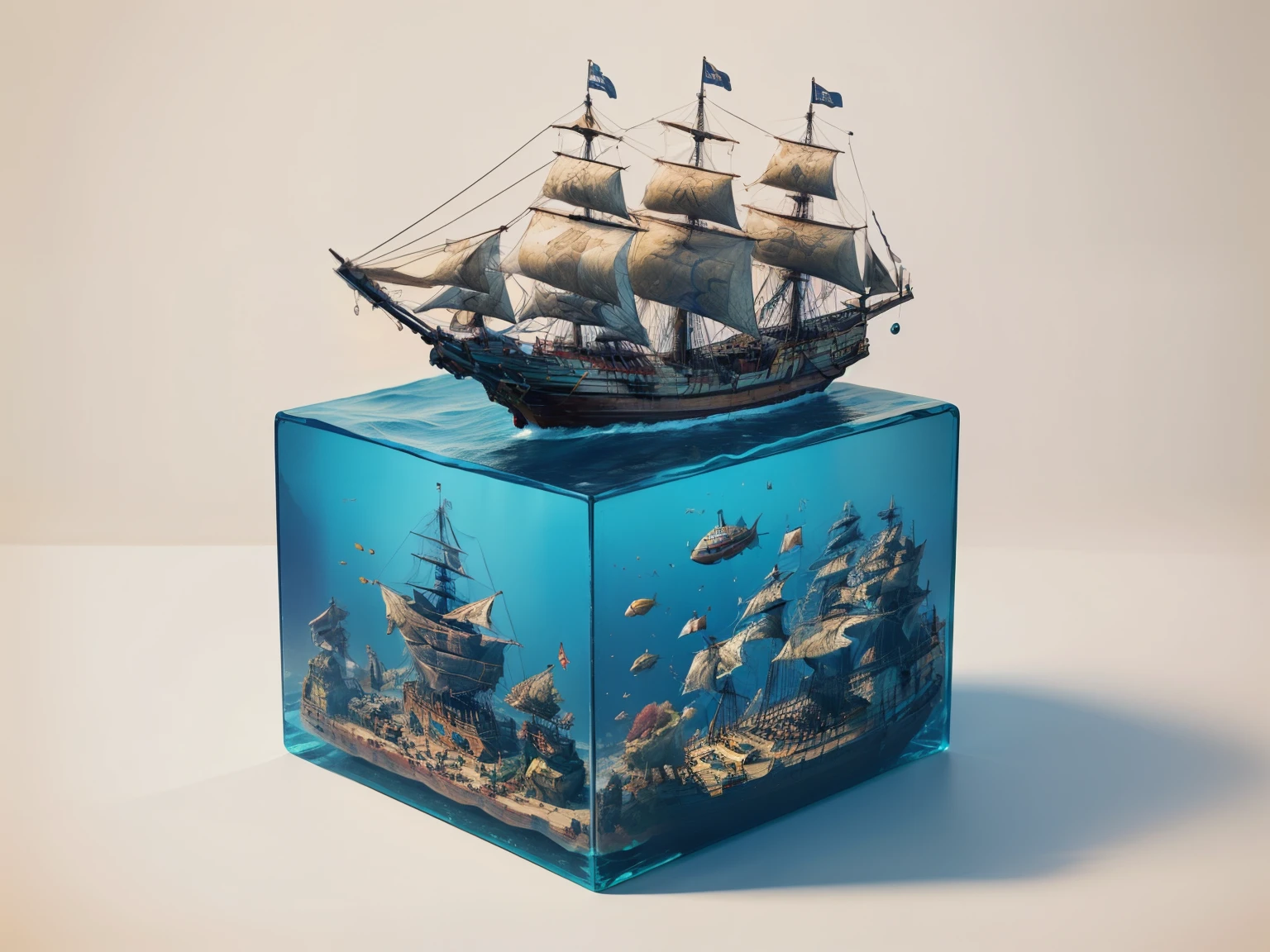 water cube, ocean、Coral Reef、Beautiful fish、treasure、1 Galleon、Smooth sailing、(On the desk in the study)、(Classic)、(Vintage)、Simple Background、Best Quality、High image quality、masterpiece、4K、8k、wallpaper、