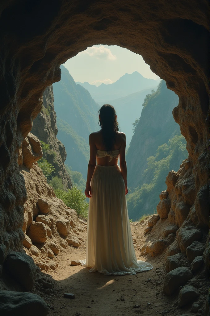 (8k, epiCPhoto, ultra realistic, hyperrealism, professional (full body shot, from behind) photograph (dynamic angle from below:1.5), HDR:1.2), (incredibly lifelike:1.4) (beautiful woman<towering figure, fit body, dimples of venus>, oily shiny skin), (straight back, she faces away from camera<hidden face>, we see only the back of her head<no face>, majestic, tall straight figure of a woman, tasteful nude glamour<backside>, standing on sandy beach as shallow turquoise surf engulfs her feet, elegant long windblown hair flows down her back:1.5), (effervescent white cliffs of cassis rise around her<towering cliffs, narrow gorge, cave aglow>, glowing shine from side:1.5), (HDR<extraordinary lighting, details, cinematic effect>) (Masterpiece:1.5), (best quality:1.5), highres, (ultra-detailed), trending on artstation, lightroom