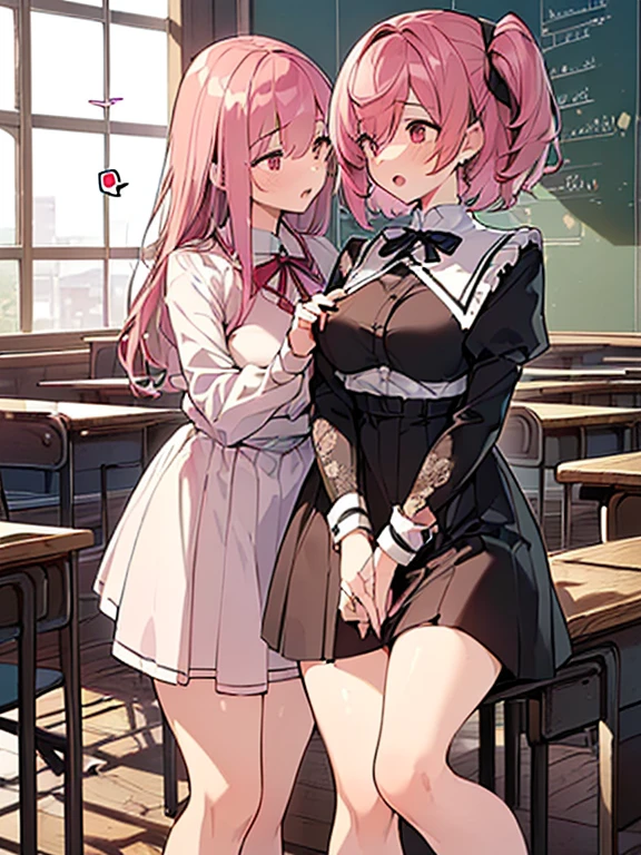 ((2girl),(yuri),(Stare deeply into each other's eyes)), (illustration), (masterpiece,best quality,high-resolution,detailed fingers,detailed hands,detailed eyes,detailed legs:1.5), (Anatomically correct number of limbs),  (long hair,short hair,pink and red hair), (big breasts),((clothed))), ((orgasm), (spoken heart)),((classroom),(Late Night))