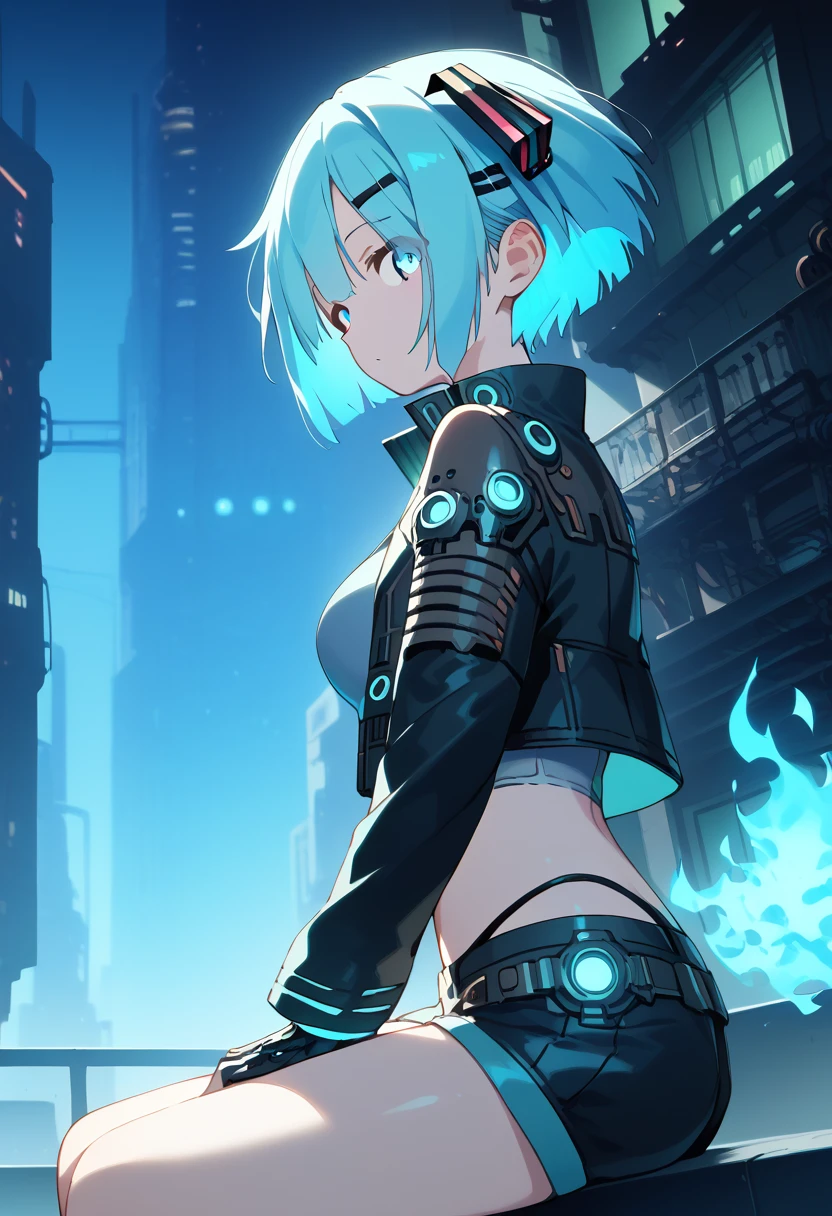 (uncensored), score_9, score_8_up, score_7_up,source_anime, high quality, exceptional, best quality, perfect hand, 1 girl, (solo), side view, detailed face, detailed eyes, ((her right eye is glowing, blue fire)), (((short hair))), (dark), ((grey crop top)), ((black g-string panties)) , (middle size breasts), ((designed black jacket)), (((short pants))), ((leather gloves, her hand have cyberpunk swords)), ((sitting on the edge of a building, night)), hatsune miku, no hair clip, thin light blue hair, blue eyes visible through hair, glowing eye, (cyberpunk), steampunk near future city, a lot of building