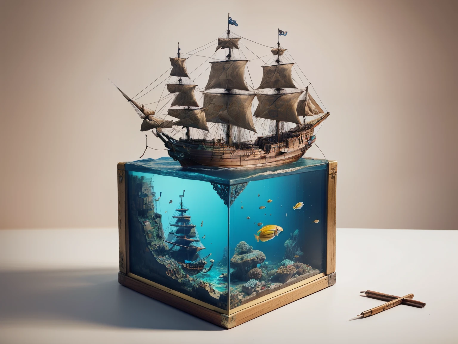 water cube, ocean、Coral Reef、Beautiful fish、treasure、1 Galleon、Smooth sailing、(On the desk in the study)、(Classic)、(Vintage)、Simple Background、Best Quality、High image quality、masterpiece、4K、8k、wallpaper、