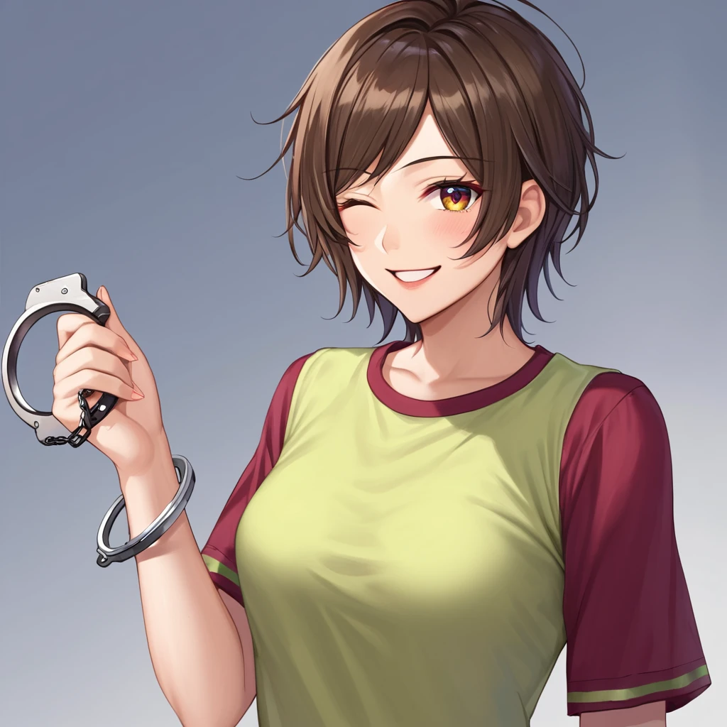 Anime Poliskaya in a shaggy shirt holds handcuffs in her hand smiling one eye closed
