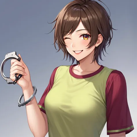 anime poliskaya in a shaggy shirt holds handcuffs in her hand smiling one eye closed