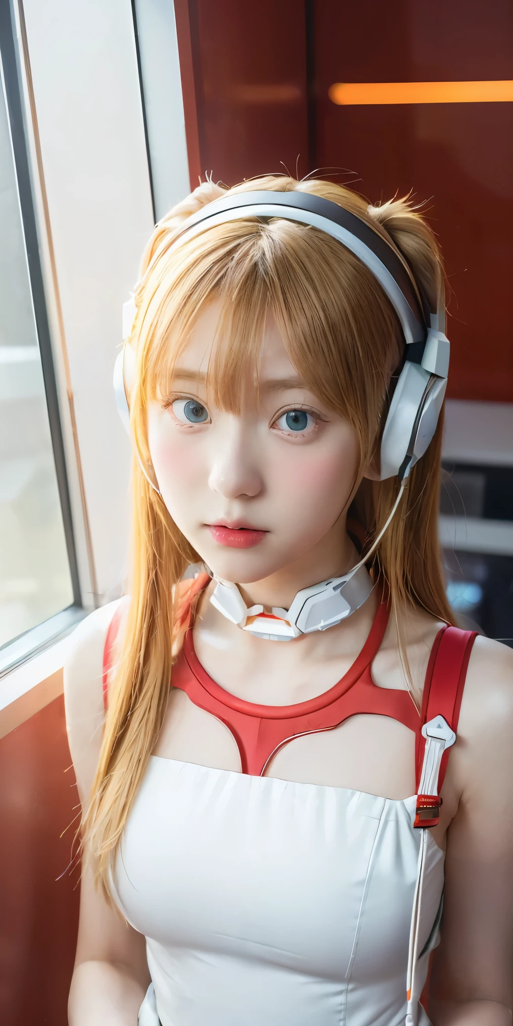 (Overhead view),dynamic angle,ultra-detailed, illustration, close-up, straight on, 1girl, 
 ((souryuu asuka langley, interface headset, red bodysuit:1.4, blonde)),Her eyes shone like dreamy stars,(glowing eyes:1.233),(beautiful and detailed eyes:1.1),(expressionless,closed mouth),(standing), 
(mechanic room with toolsand spaceship windowin a white SPACESHIP),
(night:1.2),dreamy, [[delicate fingers and hands:0.55]::0.85],(detail fingers),