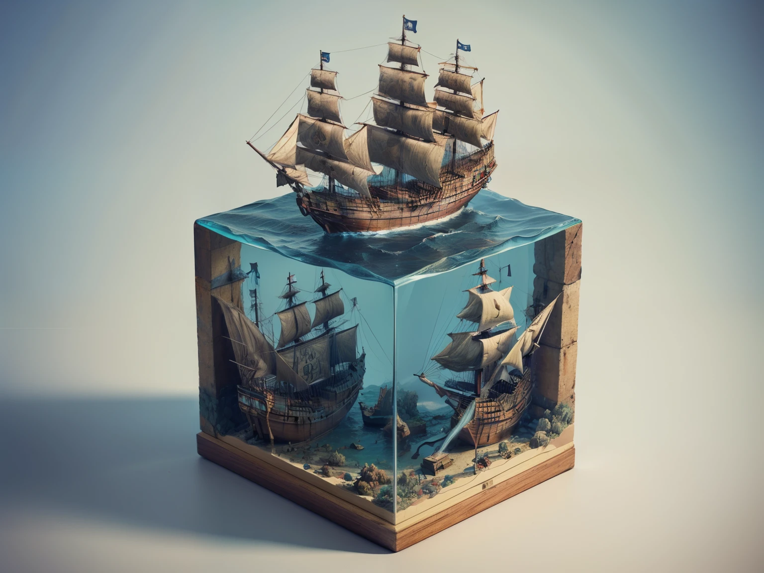 water cube, ocean、Coral Reef、Beautiful fish、treasure、1 Galleon、Smooth sailing、(On the desk in the study)、(Classic)、(Vintage)、Simple Background、Best Quality、High image quality、masterpiece、4K、8k、wallpaper、