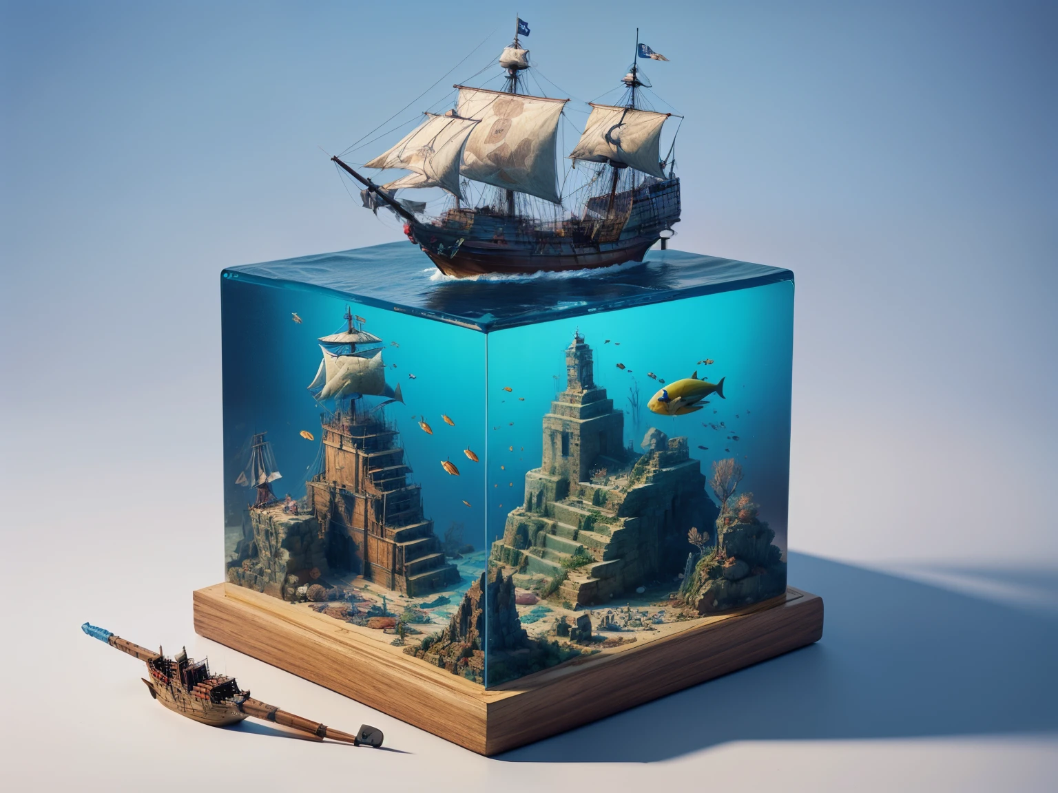 water cube, ocean、Coral Reef、Beautiful fish、treasure、1 Galleon、Smooth sailing、(On the desk in the study)、(Classic)、(Vintage)、Simple Background、Best Quality、High image quality、masterpiece、4K、8k、wallpaper、