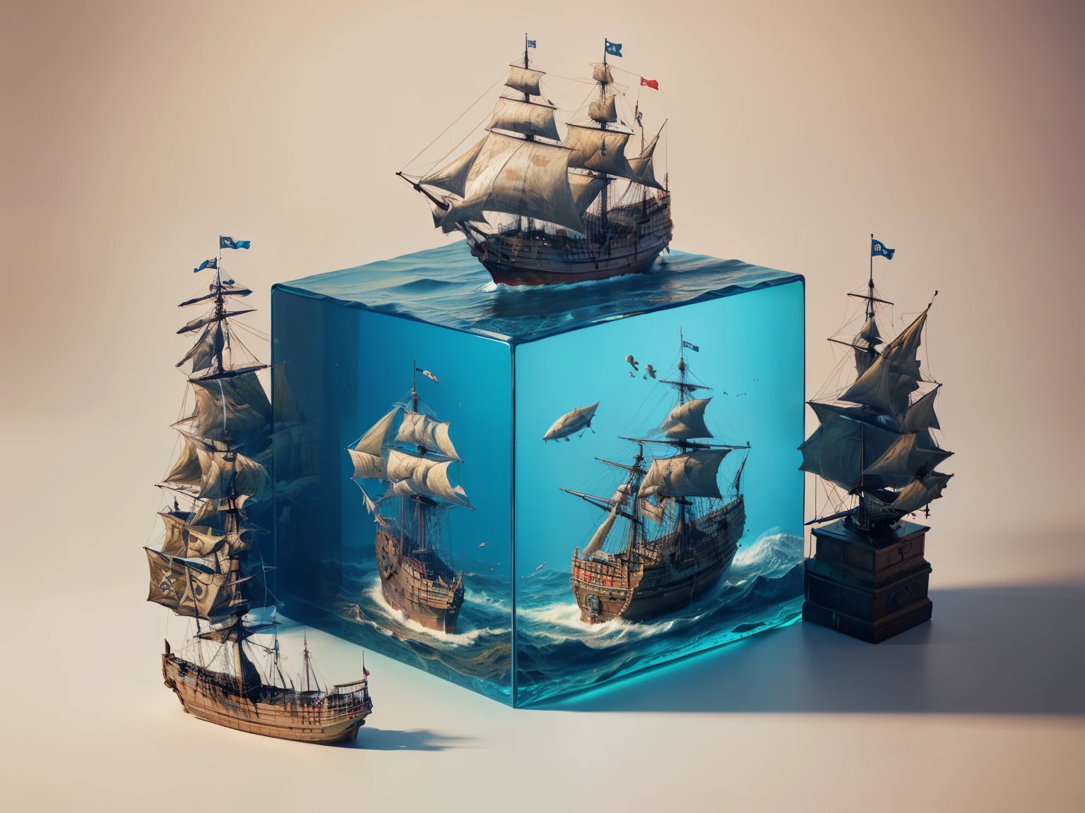 water cube, ocean、Coral Reef、Beautiful fish、treasure、1 Galleon、Smooth sailing、(On the desk in the study)、(Classic)、(Vintage)、Simple Background、Best Quality、High image quality、masterpiece、4K、8k、wallpaper、