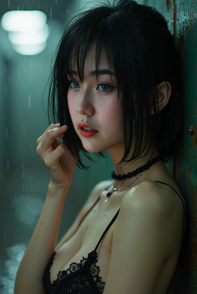 Best picture quality, masterpiece, ultra high resolution, (fidelity :1.4), photo, 1 girl,[(sadness)],white shirt, Dim, dark, desperate, pitying, pitiful, cinematic,tear,teardrop,(Torn clothes:1.5), (Wet clothes:1.4), bare shoulders,Real rain,wet hair,..